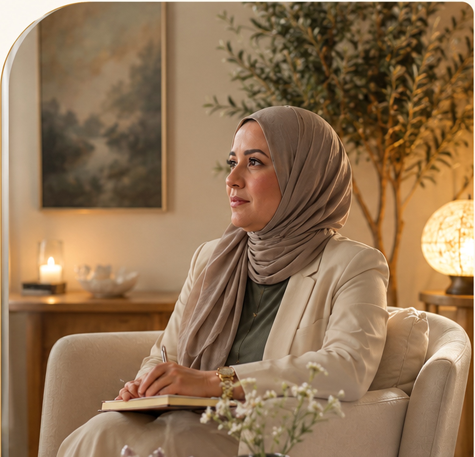 Mahwish in a calm and welcoming healing space
